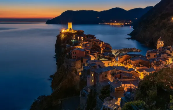 Sea, light, mountains, night, the city, lights, hills, shore