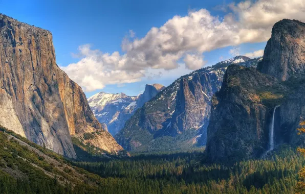 Picture forest, clouds, mountains, rocks, Waterfall