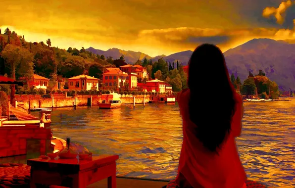Picture The evening, Figure, The city, Lake, Girl, Art, Art, Woman
