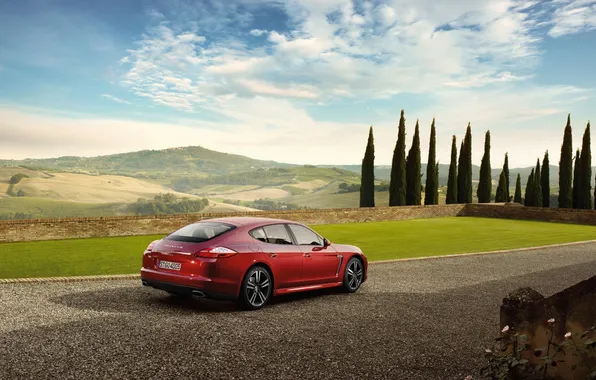 Machine, the sky, trees, Porsche, Panamera