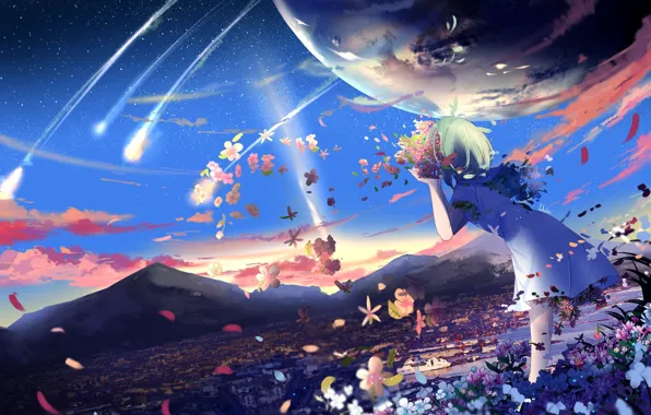 Planet, girl, field of flowers, blue dress, pink clouds, meteor shower, flower petals, by lluluchwan
