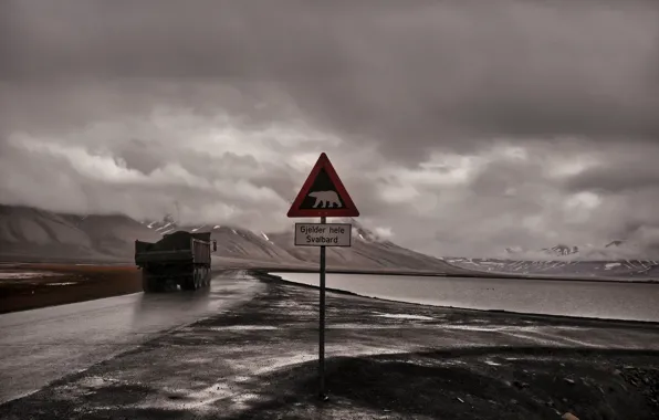 Picture road, mountains, sign, Truck
