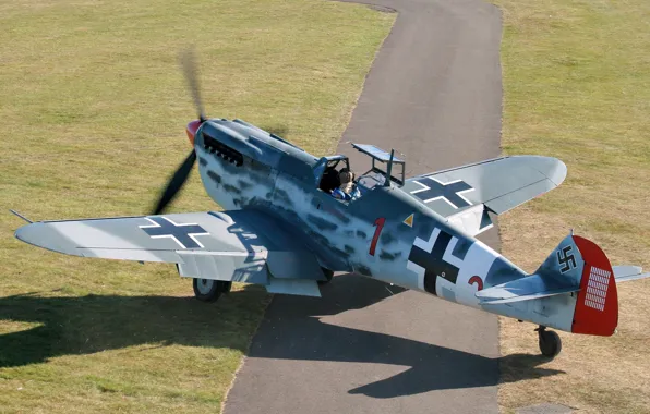 The airfield, Hispano, Buchon, HA.1112-M1L