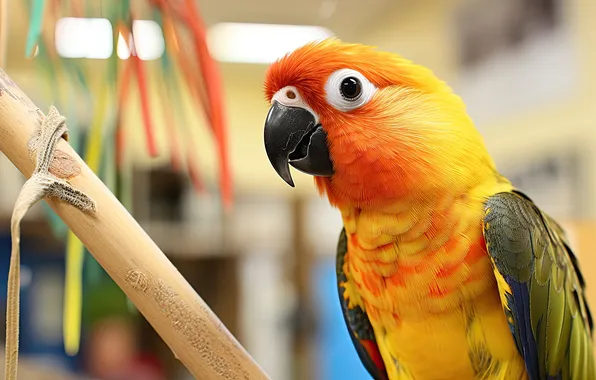Look, yellow, bird, portrait, parrot, the room, stick, bokeh