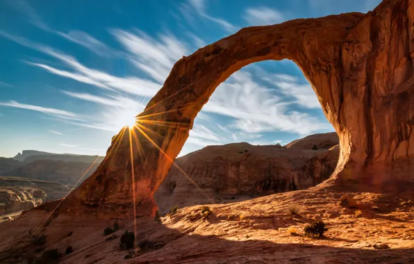 The sun, clouds, rays, light, mountains, rock, blue, rocks