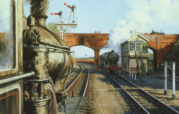 Landscape, bridge, smoke, train, the engine, picture, canvas, stop
