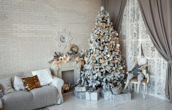 Sofa, wall, toys, tree, interior, Christmas, gifts, New year