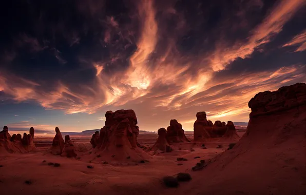 The sky, clouds, landscape, sunset, mountains, clouds, nature, stones