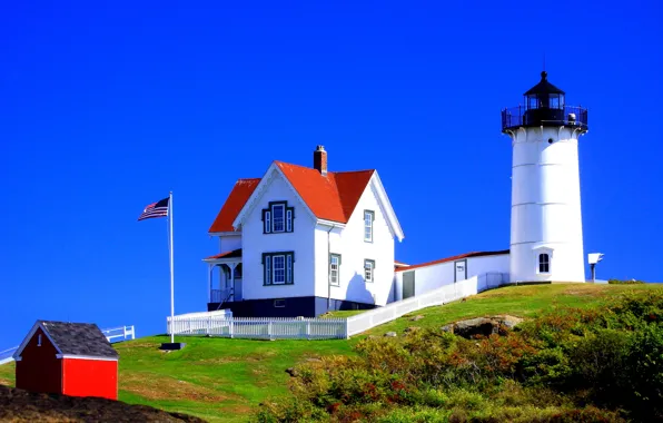 Lighthouse, flag, house, USA