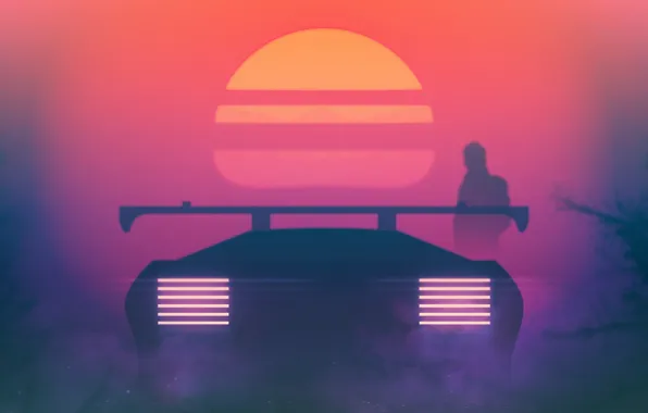 Sunset, The sun, Auto, Music, Machine, Star, Background, 80s