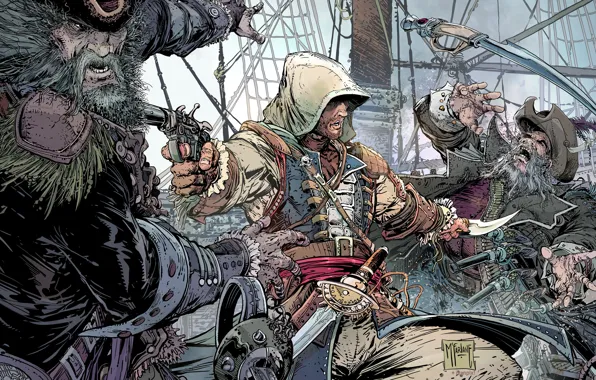 Picture weapons, ship, pirate, hood, beard, battle, poster, killer