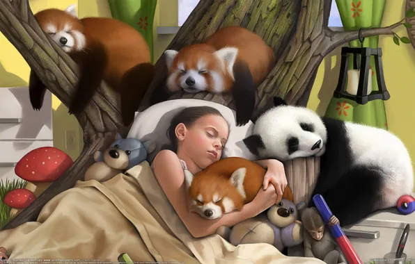 Animals, toys, sleep, art, girl, Amanita, Panda, Corrado Vanelli
