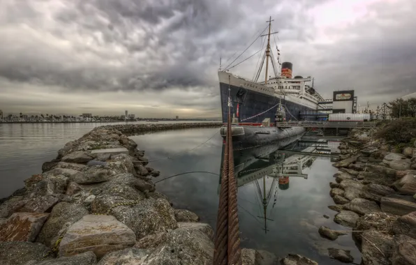 Sea, the sky, clouds, stones, ship, pier, hdr, submarine