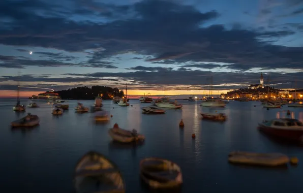 The city, lights, boats, the evening, Croatia, The Adriatic sea, Rovinj