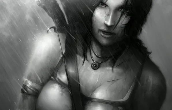 Picture look, girl, face, weapons, rain, hair, the game, black and white