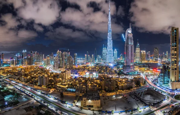 Road, clouds, night, the city, lights, view, building, tower