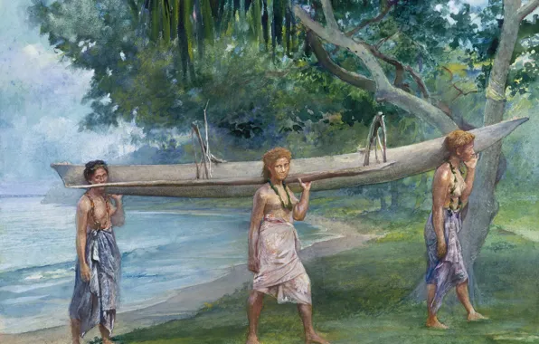 Figure, watercolor, Girls carrying a canoe, John La Farge, Vaiala in Samoa