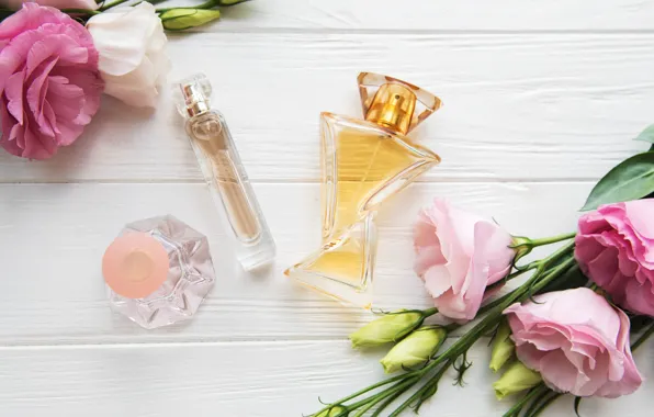 Bouquet, perfume, eustoma, bottles, Olena Rudo