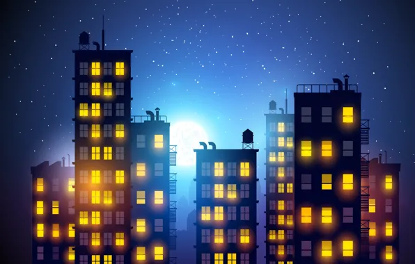 The sky, light, night, the city, the moon, romance, figure, the building