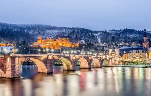 Picture winter, mountains, bridge, river, castle, building, Germany, night city