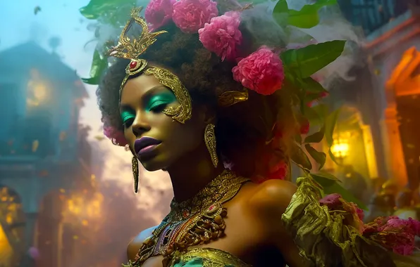 Girl, decoration, flowers, portrait, black, black woman, African-American, AI art