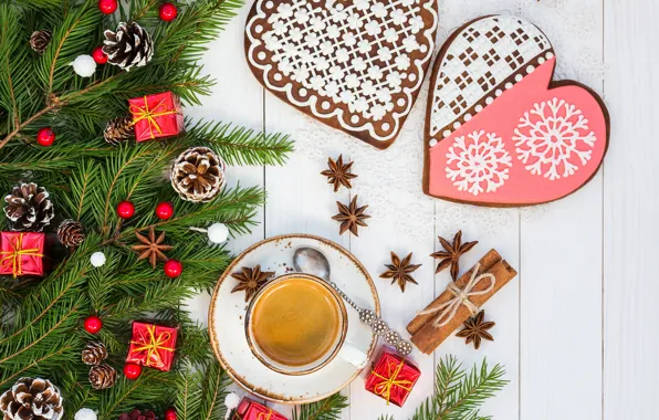 Picture branches, coffee, ate, cookies, Christmas, composition, Rights Reserved, LAIMDOTA GRIVANE