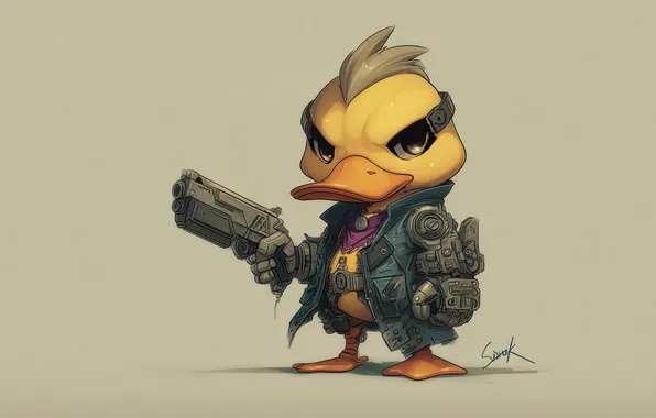 Gun, science fiction, cyberpunk, duck, cyborg, illustration, looking at viewer, AI art