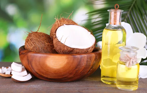 Coconut, bowl, slices, coconut oil