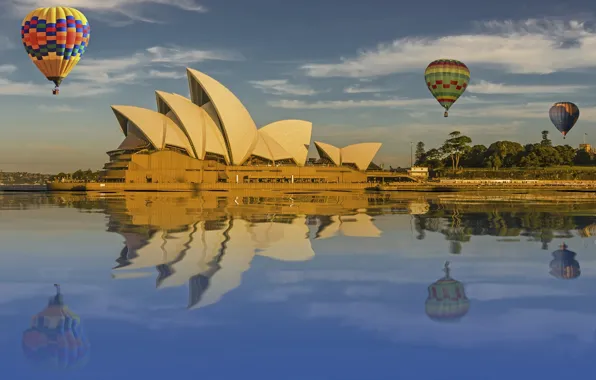 The sky, water, reflection, balloons, Sydney