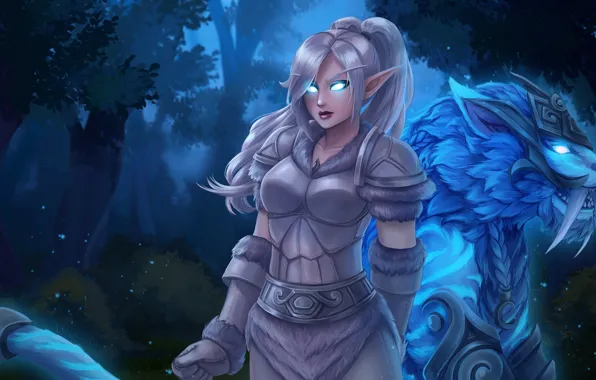 Forest, girl, night, tiger, World of Warcraft, Warcraft, wow, night elf