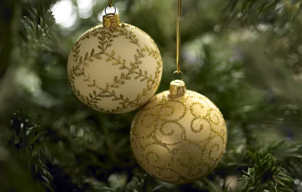 Gold, balls, toys, tree, new year