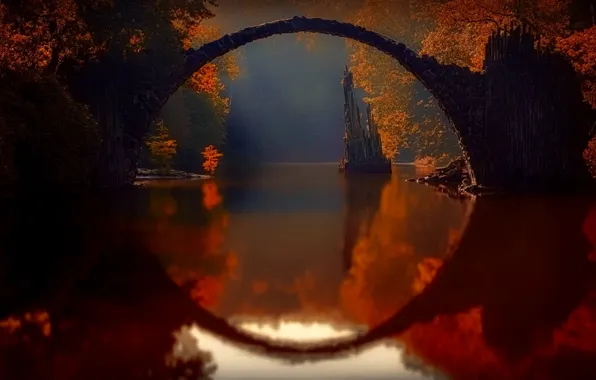 Autumn, trees, landscape, bridge, nature, reflection, river, arch