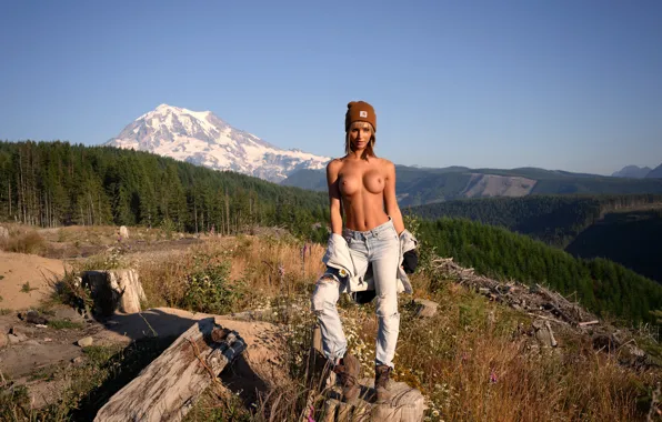 Forest, chest, look, the sun, landscape, mountains, model, hat