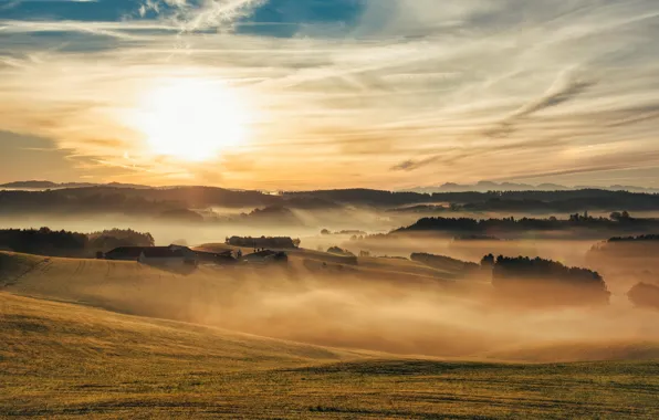 The sun, fog, dawn, hills, view, field, village, houses