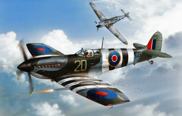 Picture war, art, airplane, painting, aviation, Supermarine Seafire MK.III