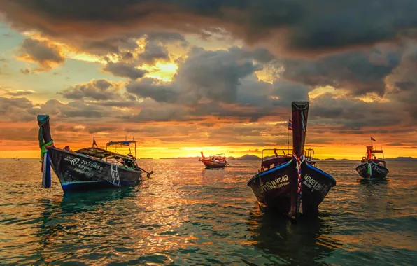Sea, sunset, boats, Thailand