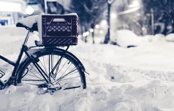 Picture winter, road, macro, snow, nature, bike, street, the evening