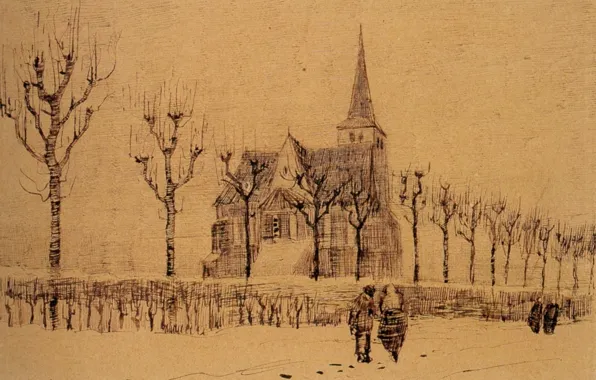 Picture trees, house, people, Landscape, Vincent van Gogh, with a Church 2