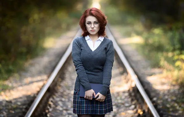 Picture school uniform, black stockings, stockings, model, women, redhead, railway, glasses