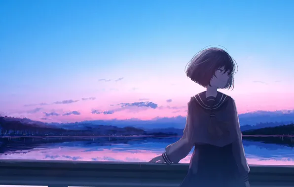 Picture sunset, anime, girl