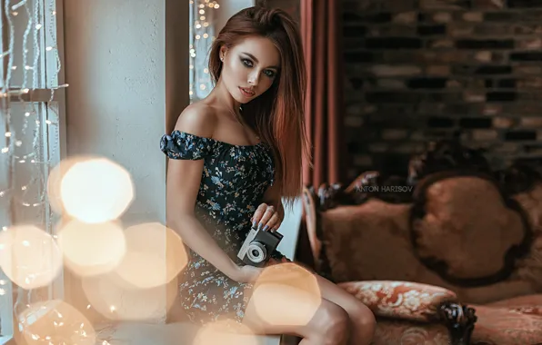 Look, girl, room, makeup, dress, the camera, sill, brown hair