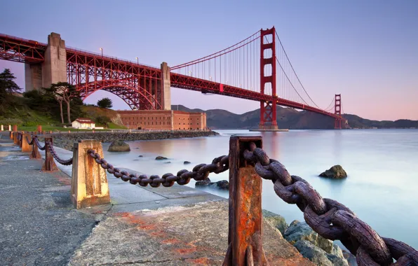 Bridge, the city, Strait, stones, the evening, fence, CA, San Francisco