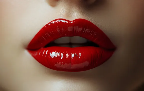 Girl, macro, face, lips, red lipstick, AI art, neural network