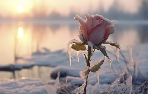 Winter, flower, snow, pink, shore, rose, ice, morning