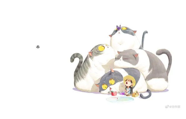 Butterfly, fishing, fish, hat, white background, yawns, rod, yellow eyes
