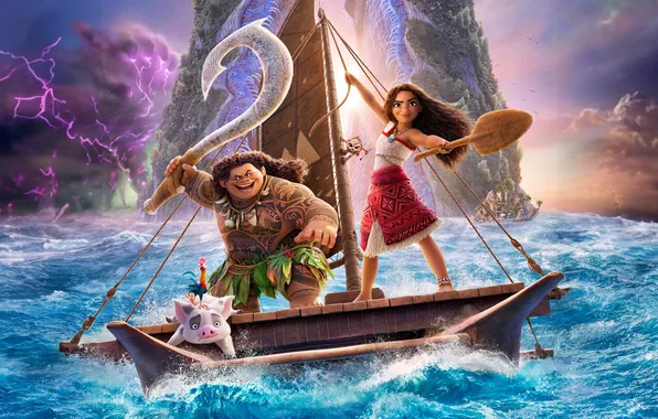 Sea, boat, cartoon, adventure, characters, Moana, Moana, Moana 2