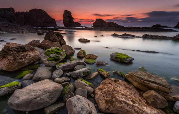 Beach, sky, sea, stone, sunset, seascape, rocks, shore