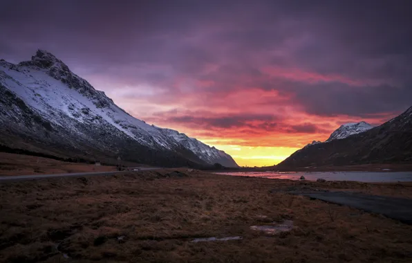 Road, mountains, dawn, morning, valley, Norway