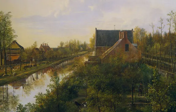 Picture landscape, oil, picture, canvas, Pieter Gerardus van OS, Channel at the Village