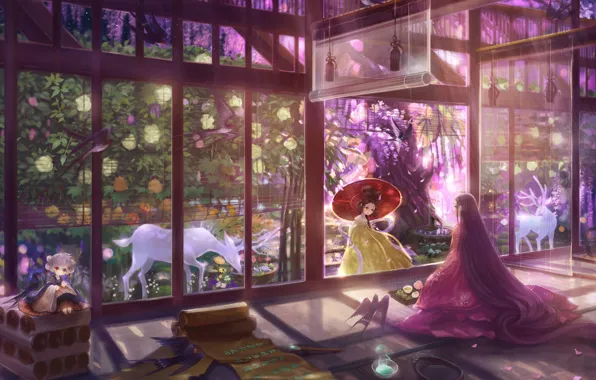 Girls, umbrella, garden, kimono, deer, flowering, long hair, veranda
